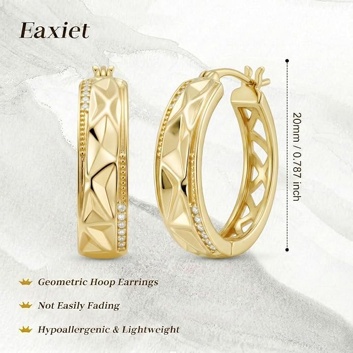 14K Gold Geometric Hoop Earrings for Women 20mm Chunky Gold Hoops Hypoallergenic Faceted Huggie Earrings Jewelry Gift