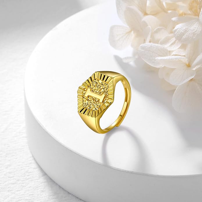 U7 Initial Ring Wedding Band for Men Women 18K Gold Plated Statement Hexagon A-Z Letter Jewelry Personalized Stackable Signet Rings