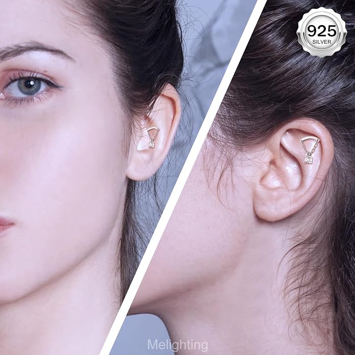 Melighting Sterling Silver 925 16G Cartilage Earring Internally Threaded Helix Earring Chain 16G Dangle 6/8 mm Tragus Piercing Jewelry Clear CZ Flat Back Earring
