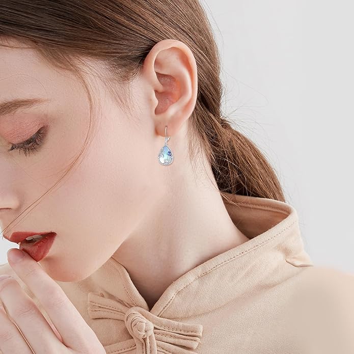 AOBOCO Teardrop Dangle Earrings for Women 925 Sterling Silver Moonstone Flower Filigree Leverback Jewelry Birthday