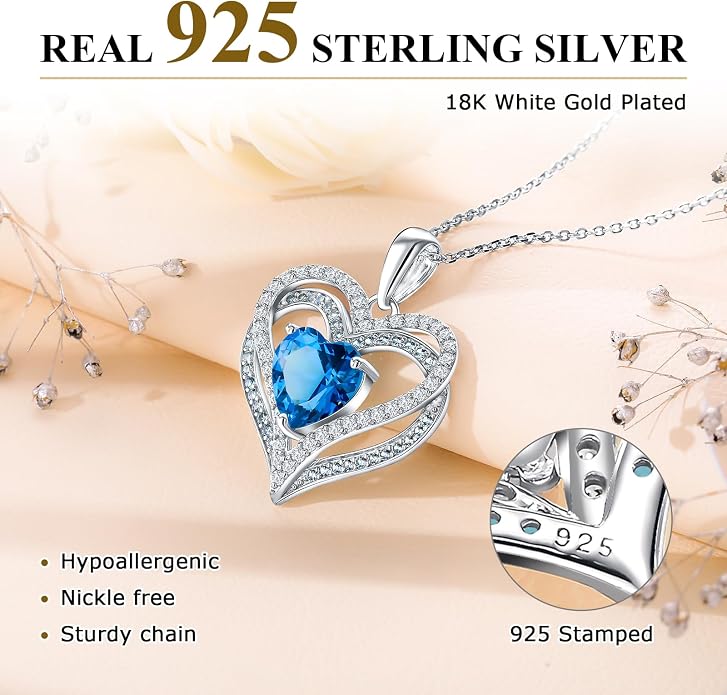 Anniversary Charm Necklace, Sterling Silver 14K Gold Plated Chain with Interlocking Heart Pendant Elegant Birthstone Necklaces for Women, Length 18"
