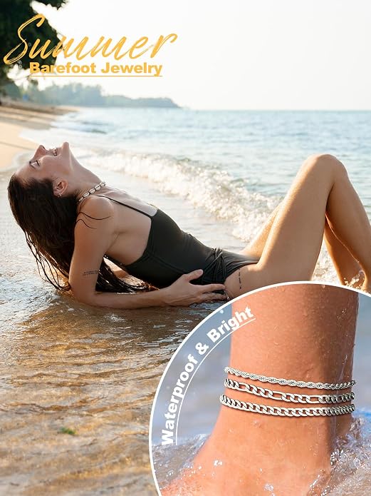 U7 2Pcs/3Pcs Ankle Bracelets for Women, Stainless Steel Cuban Link/Figaro/Rope/Heart Chain Anklets Sets,Waterproof Layered Anklets Adjustable 8.5"-10.5"