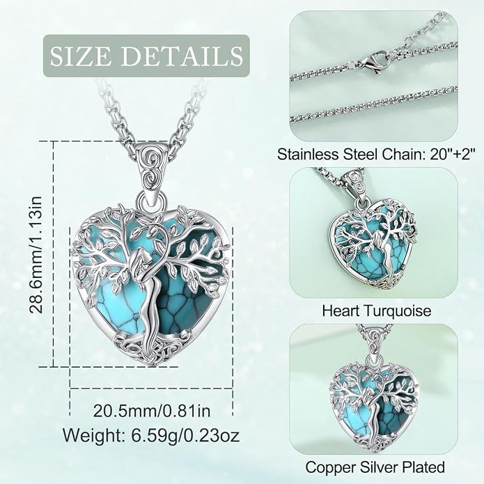 EUDORA Tree of Life Necklace with Moonstone Amethyst Obsidian Turquoise Healing Crystal for Women, Silver Plated Copper Mother Tree of Life Pendant Amulet Energy Jewelry, Gift for Women Mom, 20"+2"
