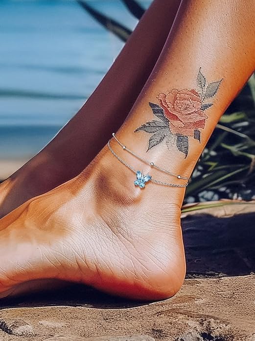 Richsteel Double Layer Heart/Butterfly Birthstone Anklet for Women Non Tarnish Waterproof, Silver/Gold/Black Stainless Steel 8.5-10.5 Inch Adjustable Chain Anklets Jewelry Gifts for Her
