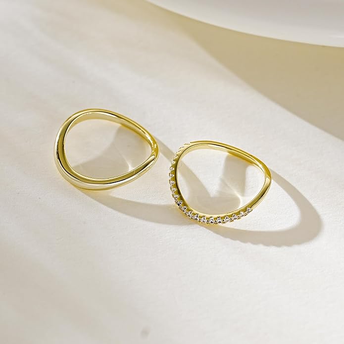 Kainier 2pairs Stacking Rings for Women 1mm 14K Gold Plated CZ V-Shaped Wavy Band Thin Pinky Thumb Stackable Ring Set Dainty Non Tarnish Comfort Fit Size 5 to 10