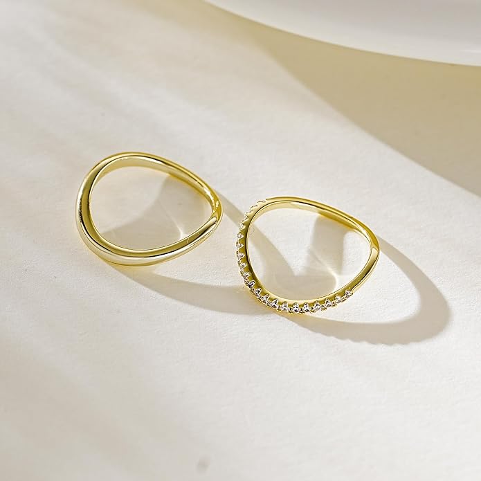 Kainier 2pairs Stacking Rings for Women 1mm 14K Gold Plated CZ V-Shaped Wavy Band Thin Pinky Thumb Stackable Ring Set Dainty Non Tarnish Comfort Fit Size 5 to 10