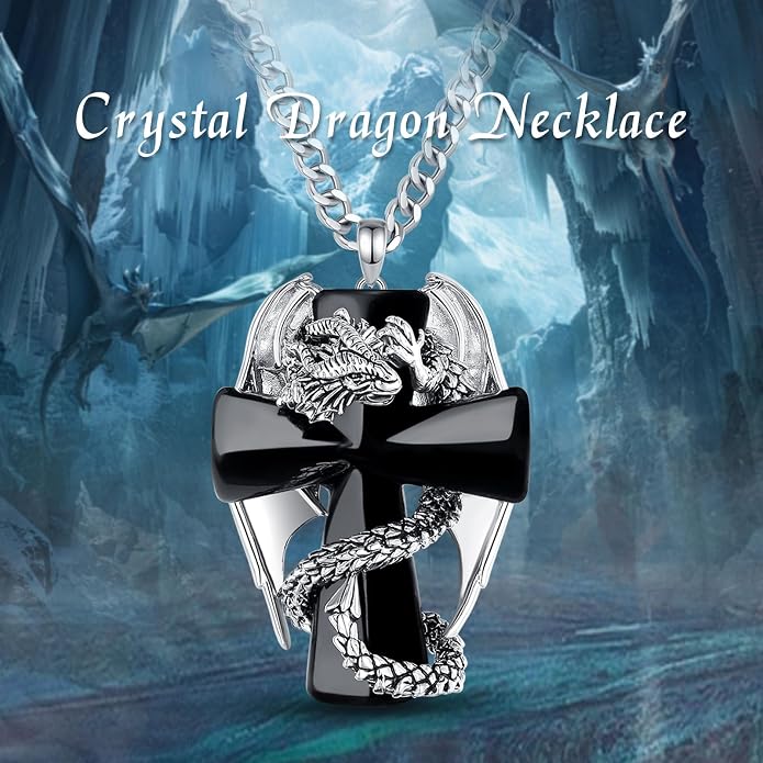 INFUSEU Unique Dragon Necklaces with Healing Crystal Stone for Men Women, Personalized Spiritual Gifts, 24 Inch Chain