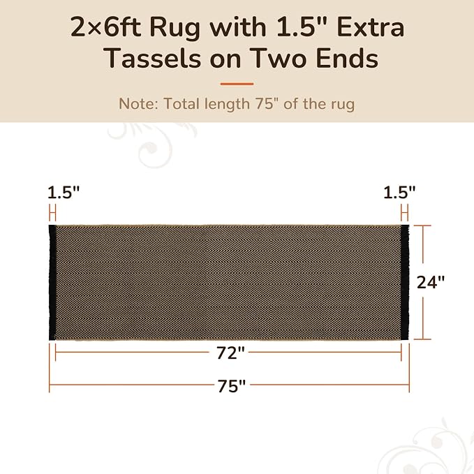 2x6 Washable Boho Runner Area Rug with Tassels for Living Room Black Beige | Vacuum Friendly, Machine Washable, Non-Slip Rug, Modern Farmhouse Neutral Decor Carpet, Bathroom Bedroom Kitchen Hallway