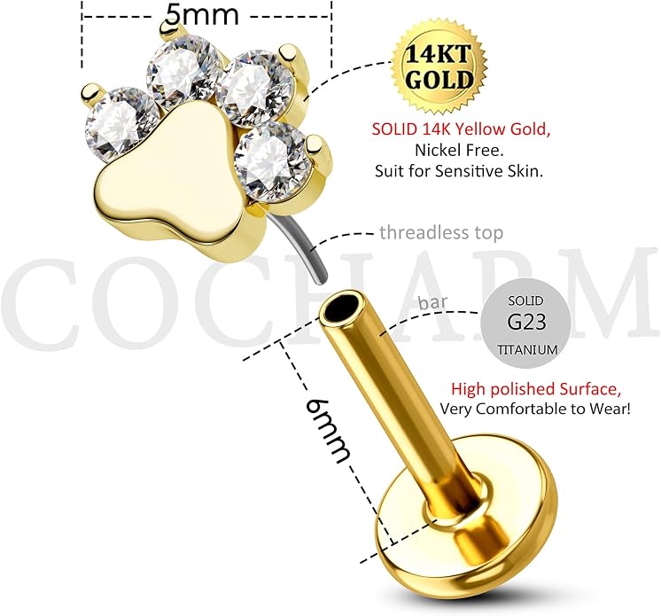 Cocharm 14K Solid Gold Cartilage Earring - Dog Paw Yellow Gold Flat Back Helix Stud, 16g