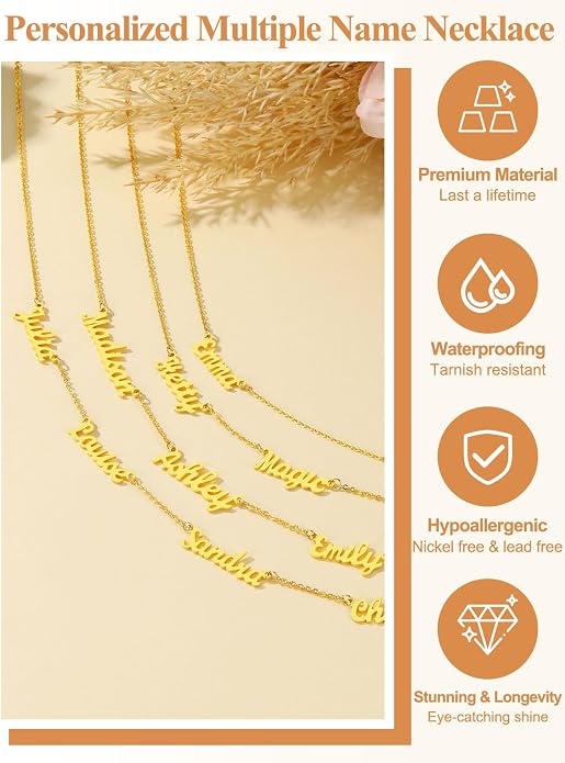 Custom4U Custom Name Necklace for Women, Personalized 1-5 Name Necklace, Sterling Silver/Stainless Steel 14K Gold Plated Nameplate Necklaces, Gift for Mom Wife Anniversary Birthday with Box