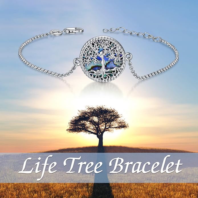 ONEFINITY Tree of Life Bracelet Sterling Silver Abalone Shell/Blue Opal/Turquoise/Malachite Tree of Life Jewelry Gifts for Women