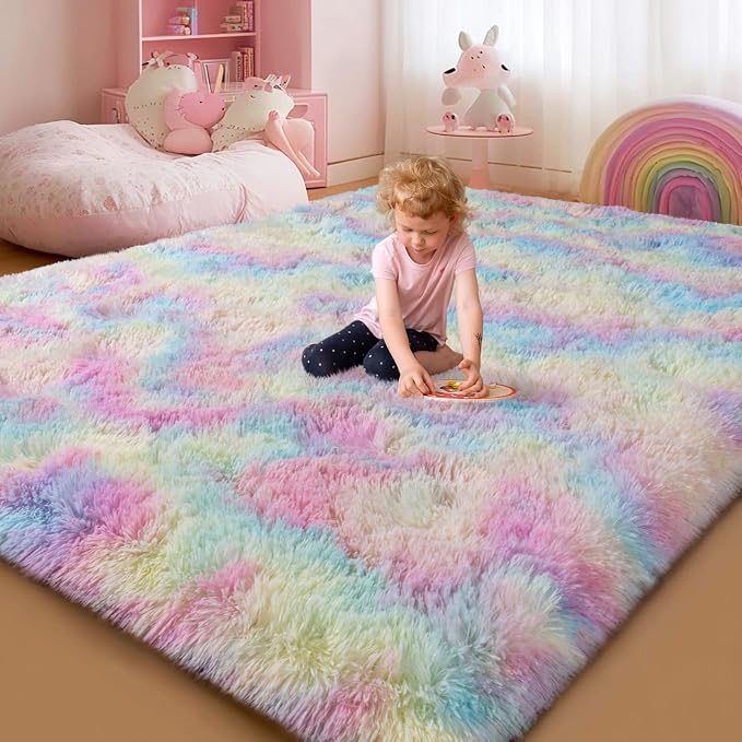 qulint 4x6 Area Rug for Bedroom, Fluffy Colorful Girl Rug for Kids Room | Small Fuzzy Plush Nursery Rugs, Shaggy Modern Rainbow Carpets for Living Room Dorm Classroom Home Decor