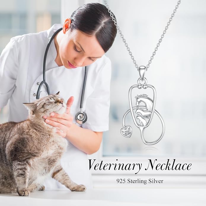 Birthstone Veterinary Stethoscope Necklace 925 Sterling Silver Nurse Vet Pendant with Dog Paw Nurse Jewelry Gifts for Veterinarian Nurse Women Veterinarian Gifts