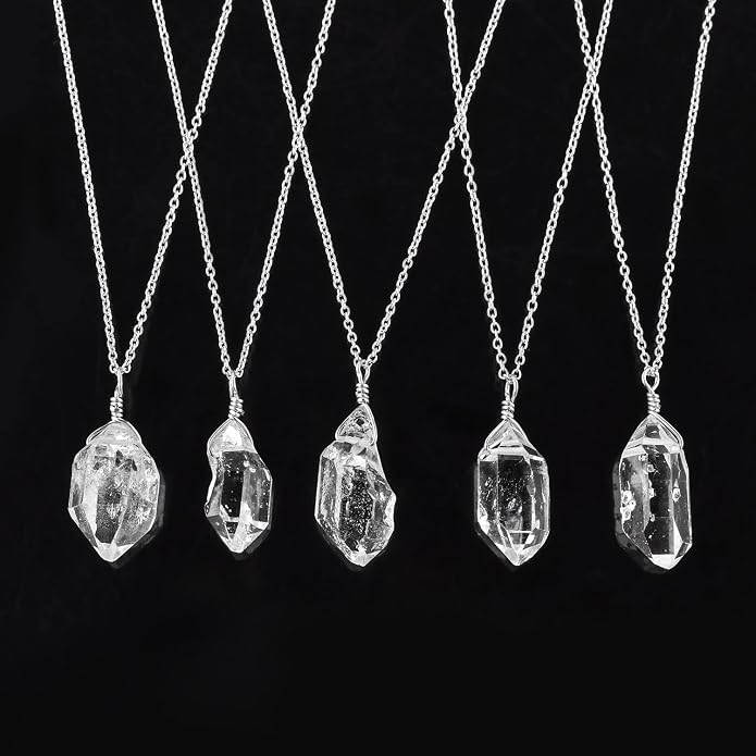 AAA Rhodium Plated 925 Sterling Silver Raw Herkimer Diamond Quartz Pendant Necklace, Natural Gemstones Solitaire, Birthstone, Handmade Dainty Jewelry 18inch, Valentine Gift