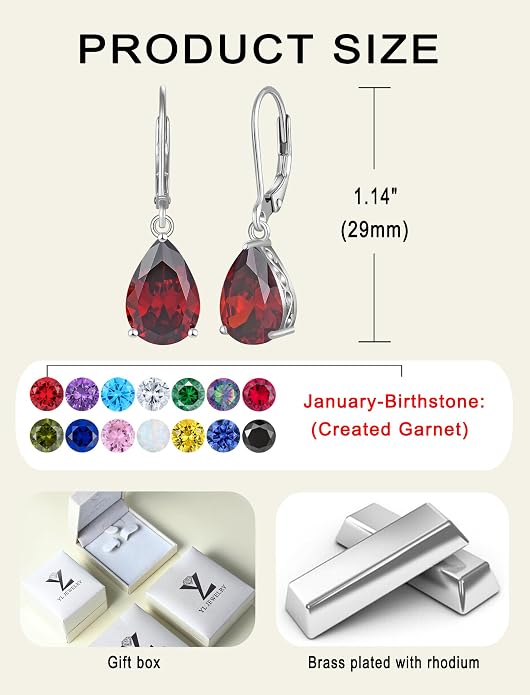 YL Solitaire Dangle Drop Earrings Teardrop Leverback Earrings Brass 8X12 MM Birthstone Jewelry for Women