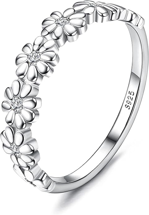 MILACOLATO 925 Sterling Silver Ring for Women, 18K Gold Plated Cubic Zirconia Daisy Flower Promise Rings for Her, Sunflower Stacking Statement Wedding Band Ring Size 5-11 (Anniversary/Valentine's/Mothers Day Jewelry Gifts)