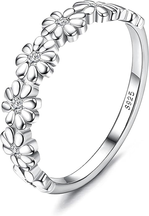 MILACOLATO 925 Sterling Silver Ring for Women, 18K Gold Plated Cubic Zirconia Daisy Flower Promise Rings for Her, Sunflower Stacking Statement Wedding Band Ring Size 5-11 (Anniversary/Valentine's/Mothers Day Jewelry Gifts)