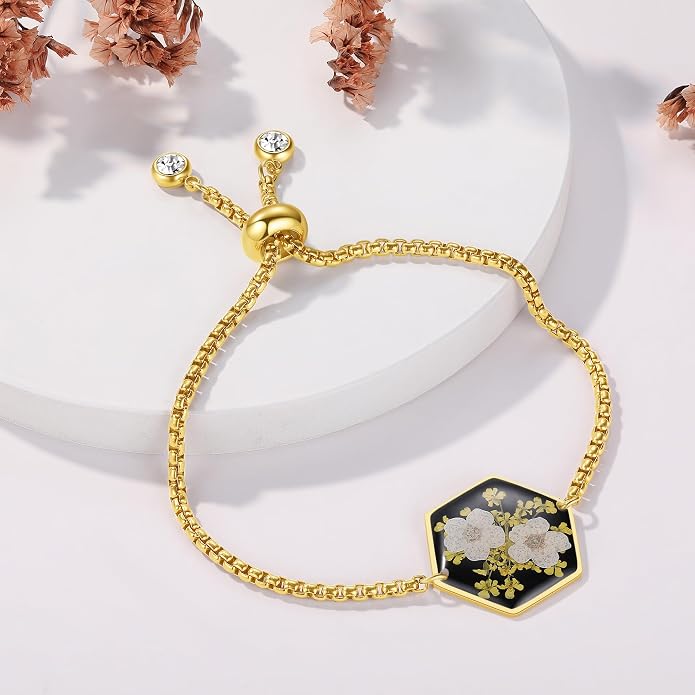 AUNTESIGN Forget-Me-Not Pressed Wildflower Bracelet | Pressed Flower Bracelet | Gold/Silver Pressed Flower Jewelry | Personalized Handmade Jewelry | Gift For Women