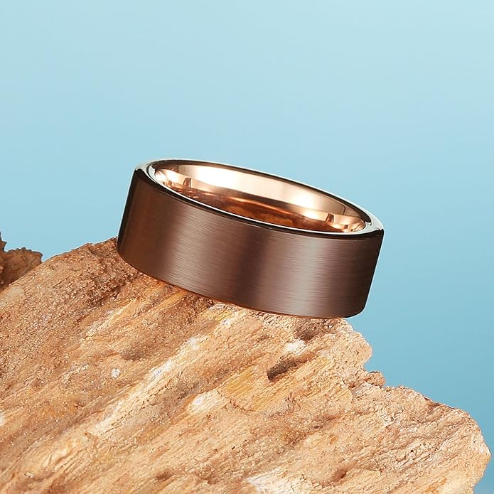 King Will Basic Gold/Rose Gold/Brown Plated Tungsten Wedding Band for Men/Women, 2mm/4mm/6mm/8mm/10mm/12mm Width Band Rings, Pipe Cut Matte Brushed Finish Cigar Band Ring Comfort Fit