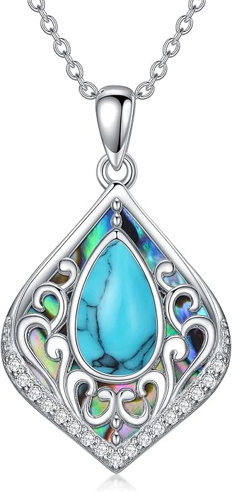 HPQQ Filigree Gemstone Necklace 925 Sterling Silver Teardrop Bohemian Necklace Abalone Shell Jewelry Birthday Gifts for Women
