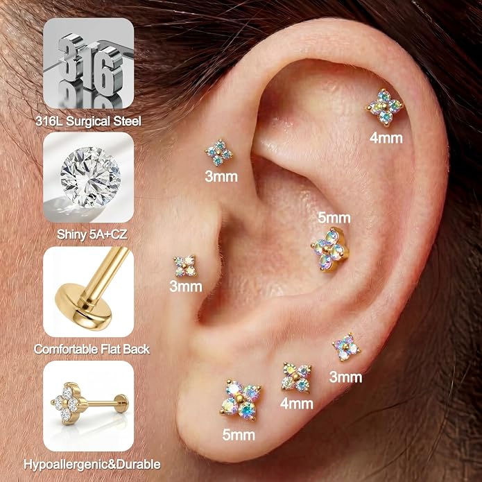 FANSING Short Threadless Cartilage Earring Stackable CZ Birthstone Flat Back Earrings for Women Small Stud Earrings for Tragus Helix Earlobe 18K Gold Plated ‌Rainbow 5.0mm