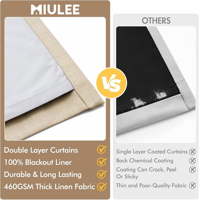 MIULEE Pinch Pleated 100% Blackout Curtains 40"x84" Long Sand 4 Panels Set | Thick Linen, Memory Trained Pleat, Back Tab Double Layer Drapes, Thermal Insulated, Curtain for Bedroom Living Room Darkening