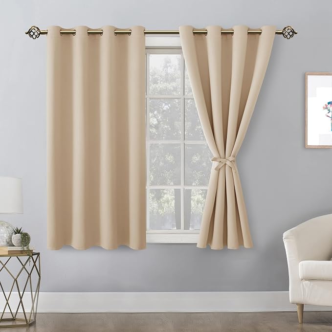 Hiasan Blackout Curtains for Bedroom - Thermal Insulated & Light Blocking Window Curtains for Living Room/Kids Room, 2 Drape Panels Sewn with Tiebacks, Beige, 52 x 45 Inch