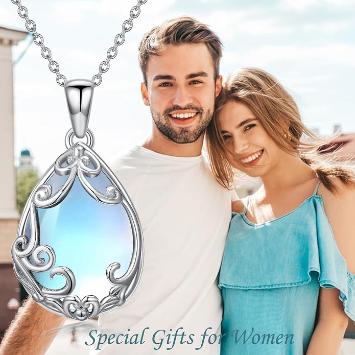 HPQQ Teardrop Necklace 925 Sterling Silver Filigree Gemstone Pendant Necklace Fine Jewelry Birthday Mother's Day Gifts for Women Her Mom