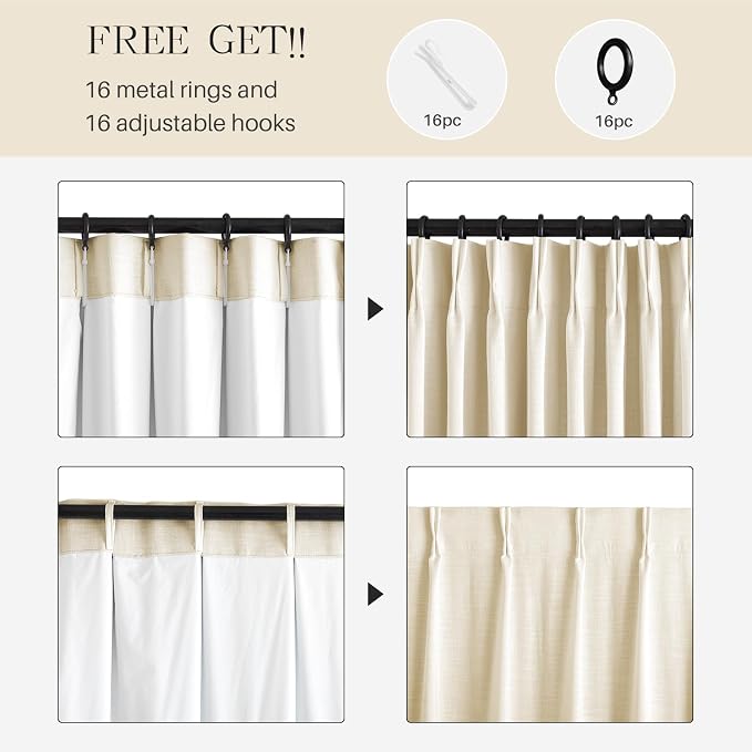 Pinch Pleated Curtains 100% Blackout Linen Curtains 102 Inches Long for Bedroom Living Room, Creamy Beige Memory Trained Thermal Insulated Room Darkening Window Drapes with Hooks 2 Panels 40"Wx102"L
