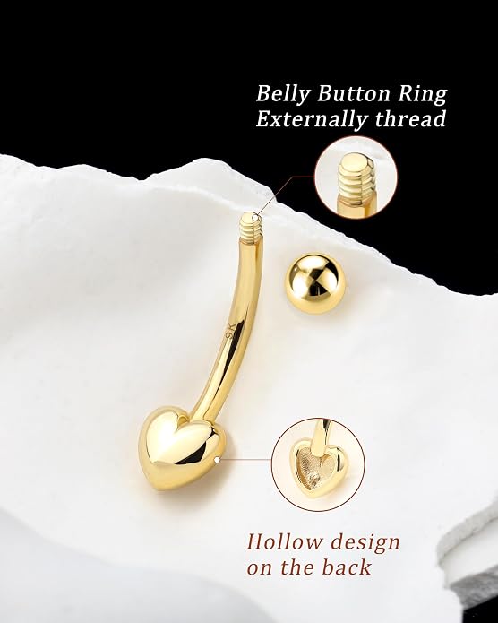 Melighting 9K Solid Gold Belly Button Ring With Heart and Clear CZ - 14G Navel Piercing Jewelry for Women