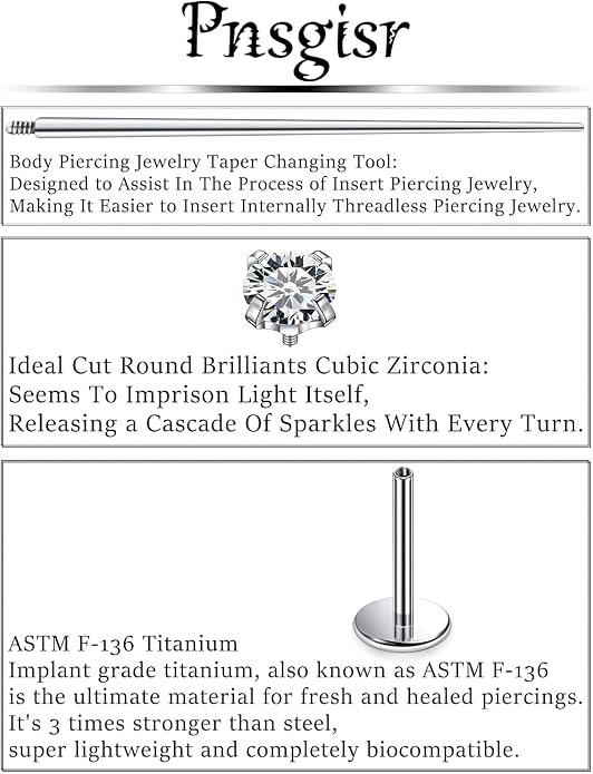 F136 Titanium 20/18/16G Internally Threaded Flat Back Stud Earrings Nose Rings Lip Medusa Monroe Labret 6/8/10mm Short/Long Bar Piercing Jewelry with Taper for Women Men