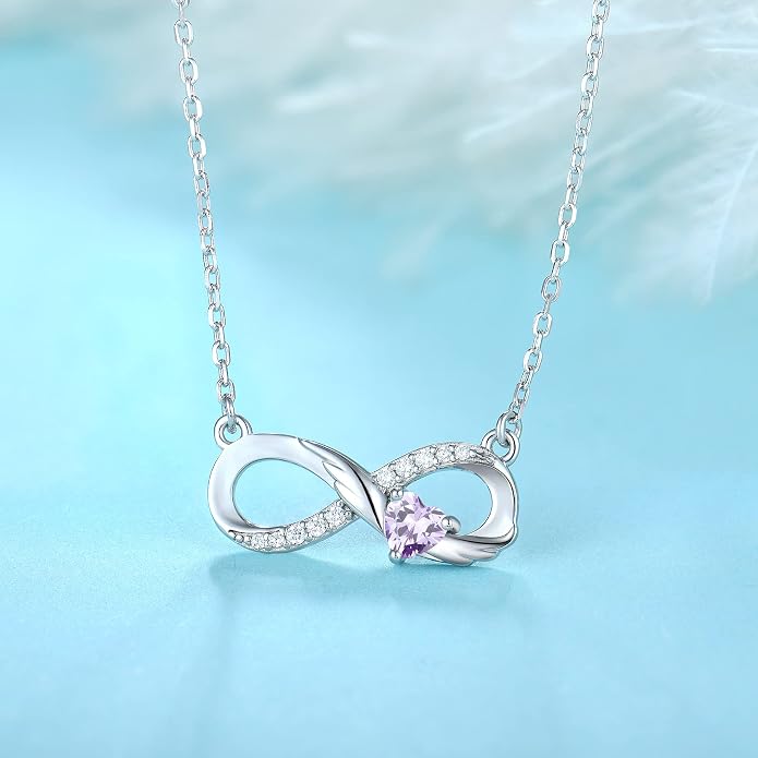 STARCHENIE Infinity Necklace 925 Sterling Silver Angel Wings Heart Birthstone Necklace for Women