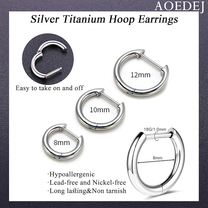 AOEDEJ G23 Titanium Black/Steel Gray/Gold Hoop Earrings 18G Small Huggie Hoop Earrings 8mm/10mm/12mm Cartilage for Sensitive Ears for Multiple Piercing Cartilage Hoop Earring Stack Jewelry