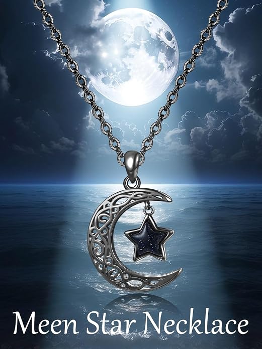Dreamboat Sterling Silver Moon and Star Necklace Silver Crescent Moon Necklaces for Women Star Pendant Celestial Jewelry Gifts