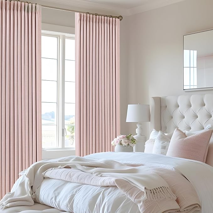 IVAPUPU Pink Pinch Pleated Full Blackout Linen Curtains for Girls Bedroom, Black Out Curtains 84 Inches Long Room Darkening Thermal Insulated Pleat Drapes Baby Pink Dusty Blush for Nursery, 2 Panels