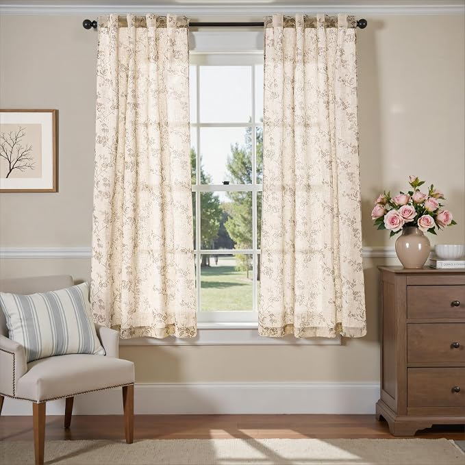 Lazzzy Taupe Floral Linen Curtains 63 Inch Farmhouse Back Tab Drapes for Living Room Bedroom Light Filtering Vintage Grandmillennial Rod Pocket Curtains, 2 Panels, W38 x L63, Taupe on Beige