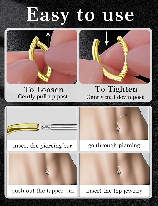 Kosuwo Mimosa Stone 925 Sterling Silver Navel Ring Women's Navel Piercing Jewelry Hypoallergenic Sterling Silver Navel Ring Cute Navel Piercing Ring 3-Piece Set