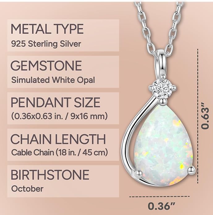 ADITA GOLD Birthstone Necklace for Women, 925 Sterling Silver Teardrop Pendant, Simulated Gemstone, Birthstone Jewelry