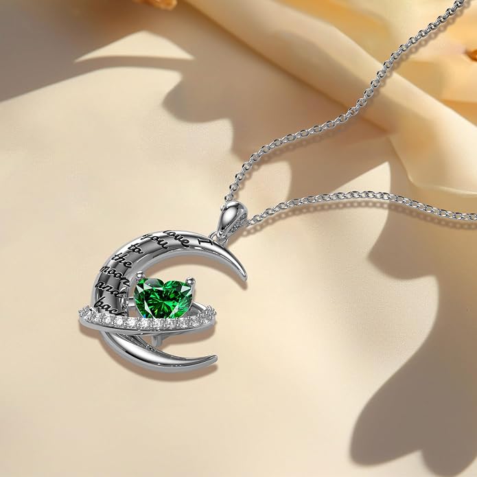 Distance I Love You to The Moon and Back Necklace for Women, S925 Sterling Silver Forever Love Heart Birthstone Necklace, Anniversary Birthday Jewelry for Wife Lover