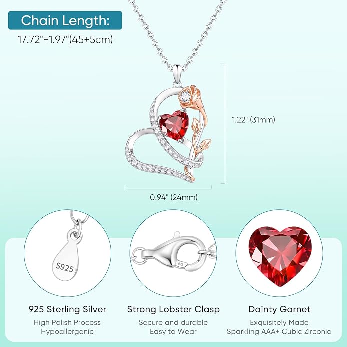 Rose Heart Birthstone Necklace for Women - Dainty 925 Sterling Silver Necklaces for Women Trendy CZ Pendant Necklace Jewelry Birthday Anniversary Christmas Gifts for Girlfriend Mom Lady Daughter