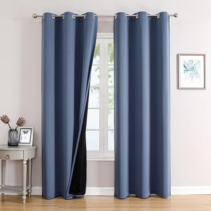 ChrisDowa 100% Blackout Curtains for Bedroom 84 Inches Long 2 Panels Set | 2 Thick Layers, Thermal Insulated, Light Blocking, Grommet, Window Treatment, Living Room Drapes, Stone Blue, 38 x 84 Inch