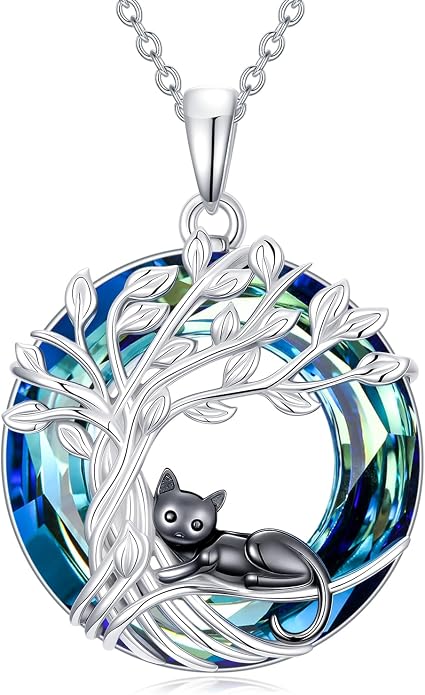 TOUPOP Cat Necklace Gifts for Women Sterling Silver Celtic Mounatin Moon Pendant with Blue Crystal Birthday Christmas Jewelry Gifts for Women