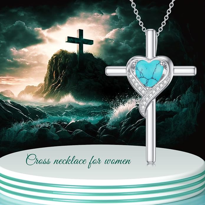 TOUPOP Birthstone Cross Necklace for Women 925 Sterling Silver Heart Cross Pendant Necklace Mothers Day Birthday Jewelry Gifts for Mom Wife Her