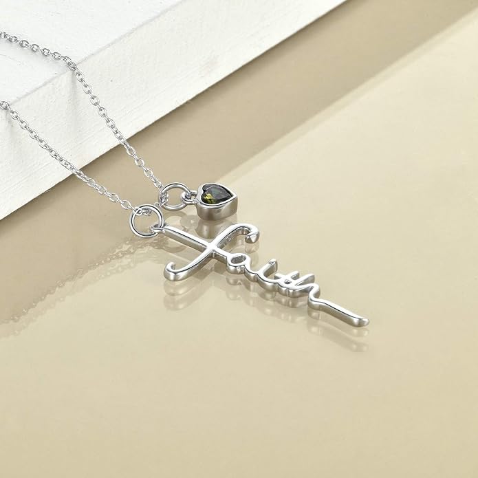 Faith Cross Necklace For Women Birthstone Sterling Silver with Simulated Birthstone Cross Jewelry Christian Gifts