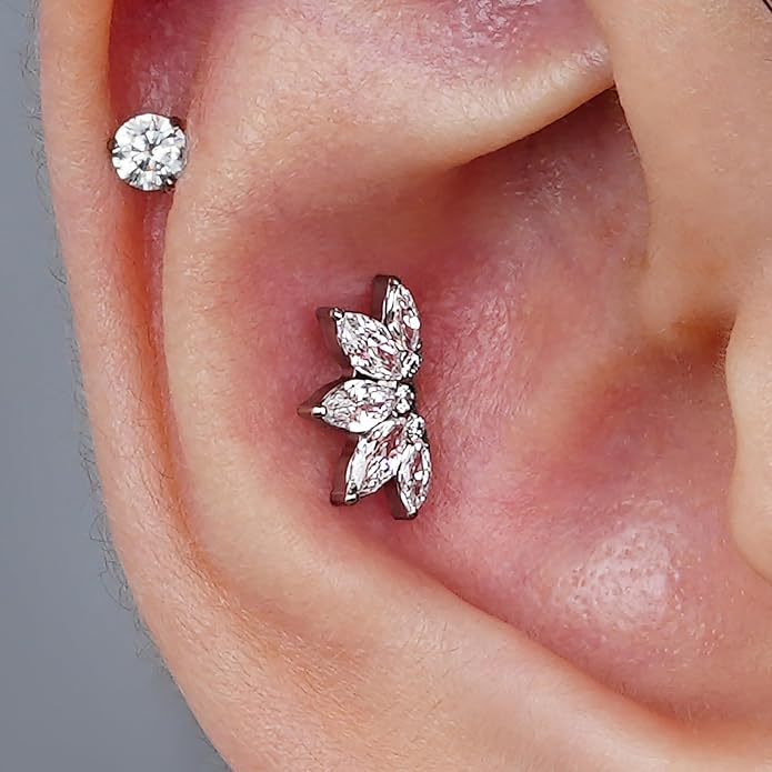 FINE4U 1PC ASTM F136 Titanium 16G Flatback Stud for Tragus, Helix, Conch 6mm 8mm - Screw on Cartilage Earring Piercing Jewelry