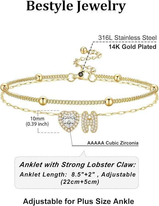 Bestyle Initial Anklet Bracelets for Women Waterproof Non Tarnish 14K Gold/White Gold Plated CZ Anklets for Women Dainty Layered Letter Heart Ankle Bracelets Adjustable Foot Chain Anklet