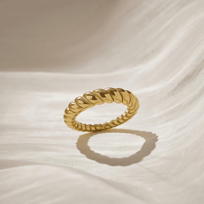 Non Tarnish Gold Chunky Rings for Women, 14K Gold Plated Statement Dome Rings Stacking Silver, Adjustable Mens Eternity Wedding Band Mixed Metal Jewelry Size 3-13