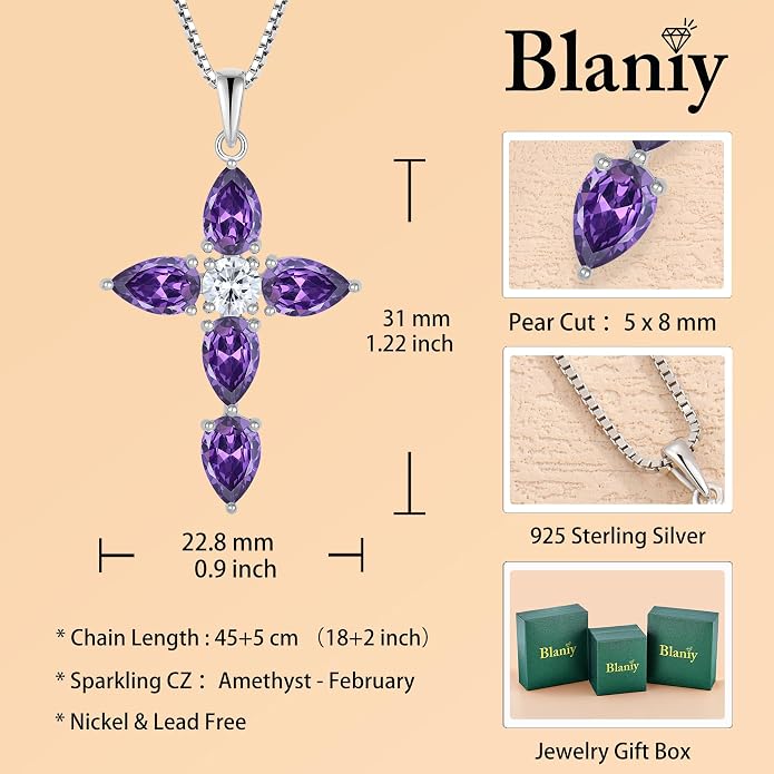 Cross Necklace for Women 925 Sterling Silver Teardrop Birthstone Pendant Religious Jewelry Gifts for Women