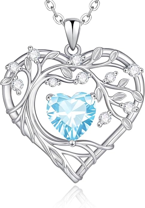 Tree of Life Birthstone Pendant Necklace - 925 Sterling Silver Heart Cubic Zirconia Diamond Women Pendant Necklaces for Her Daughter Girlfriend Birthday Gift Ideas for Wife Mom for Valentines Day