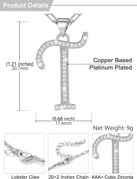 U7 Initial Necklace for Women, Gold/Platinum Plated CZ Crystal Letter A-Z Pendant Necklace, Shiny 20 Inch Name Chain Dainty Personalized Jewelry for Men Mom Wife Friend
